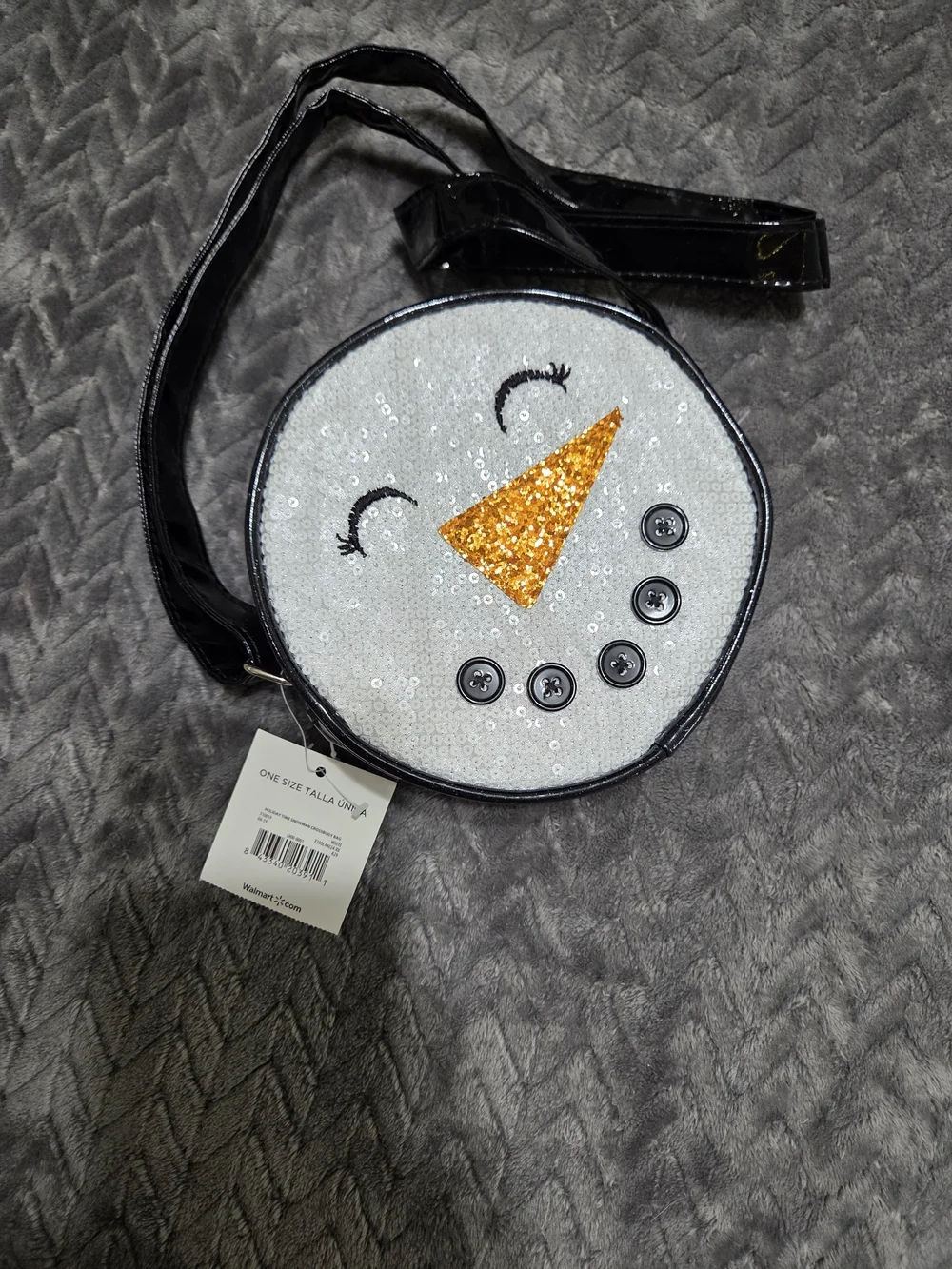 Holiday Time White Sequin Snowman Crossbody Bag with Gold Nose